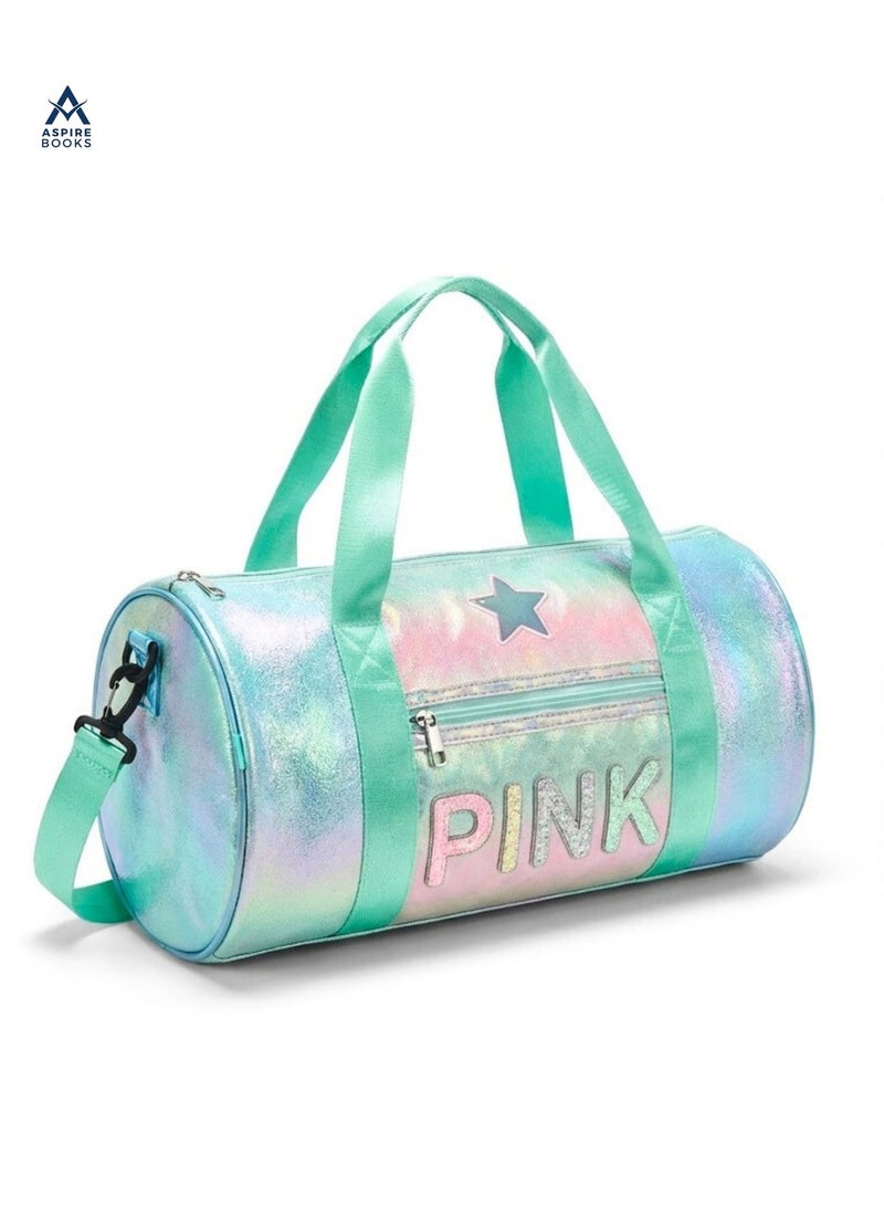 Aspire Books Kids Holographic Duffle Bag with Coin Pouch – Travel Weekender & Dance Bag for Girls Perfect for Shopping, Outings, and Sleepovers (Mint Green/Rainbow) – Glitter Lettering, Star Patch, and Adjustable Strap - Image 3